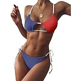 ZAFUL Womens Ribbed Color Block Cutout String Bikini Swimwear High Waist Two Piece Strappy Bathing Suits