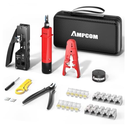 AMPCOM Ethernet Crimping Tool Kit 9-in-1 Pass Through RJ45/RJ11 Network Tool Kit for STP Cat7/6A UTP Cat6/5E/5 RJ45 Connectors with 110 Punch Down Tool Wire Stripper in Portable Waterproof Bag