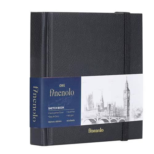 Deli EC285 Finenolo Black Hard Leather Cover Sketch Book White 12 cm x 12 cm Size