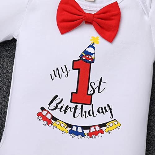 Baby Boy First Birthday Cake Smash Outfit My 1St Birthday Party Photo Shooting Props Gentleman Bow Tie Cotton Short Sleeve Romper Bodysuit Y-Back Suspenders Shorts Pants 3Pcs Set Red 12-18 Months #TOP4