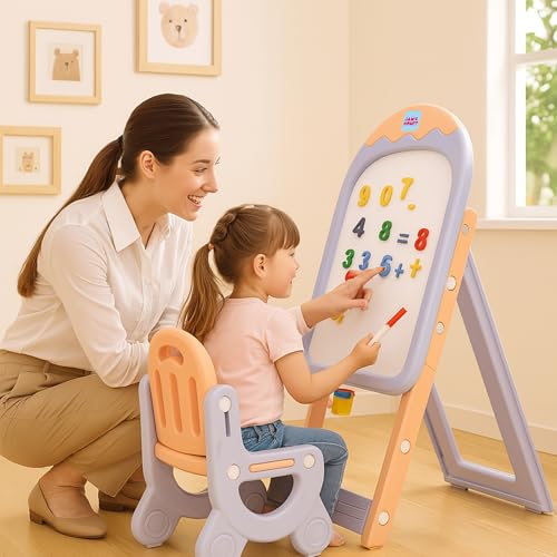 Image of Amazon Brand - Jam & Honey Ice Cream Easel Board Set for Kids | Magnetic Board with Accessories | Activity Table & Chair | Adjustable Height | Foldable | Age 2-5 Years