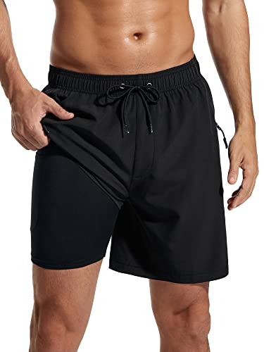 SILKWORLD 7 Inch Mens Swim Trunks with Compression Liner Quick-Dry Bathing Suit with Zipper Pockets