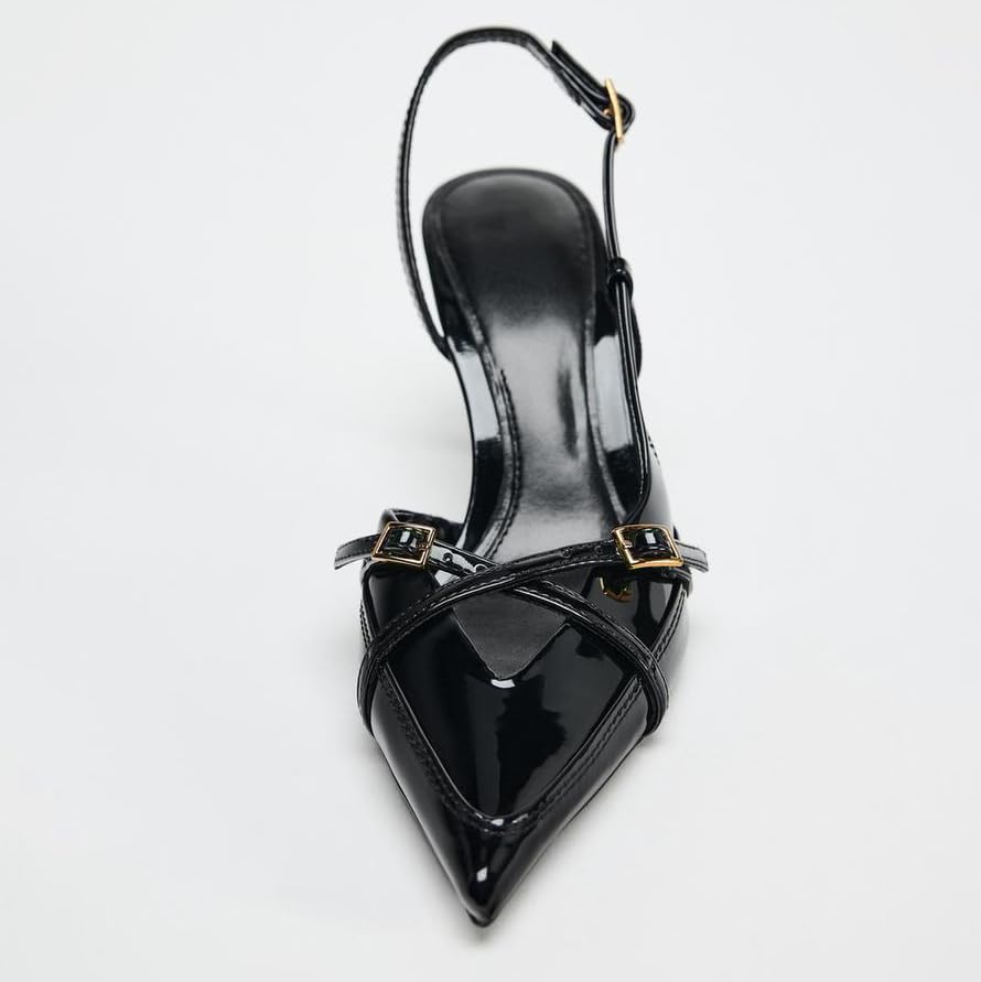 Slingback Heels for Women Closed Pointed Toe Kitten Dress Pumps with Buckle Straps Stiletto Work High Heels Denim Heeled Sandal3