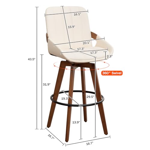 Image of AQG Bar Stools Set of 2, 29.5 Inch Mid Century Modern Bar Height Bar Chairs, Swivel Barstools with Walnut Craft, Faux Leather Upholstered Furniture for Island /Counter (Beige, 29.5 inch-2 PCS)