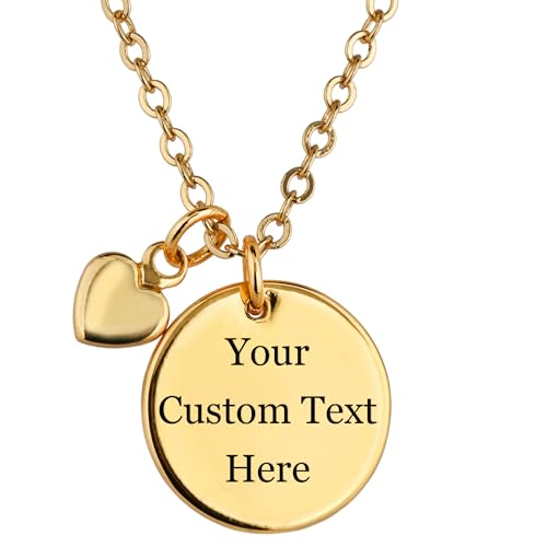 Personalized Disc Necklace, Custom Text Engraved Jewelry Gift for Women, Customized Name Coin Pendant with Heart Charm, Personalized Gifts for Mom (Disc Necklace, Gold)
