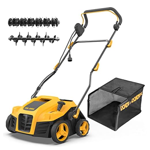 Rock&Rocker 2-in-1 16INCH Dethatcher Scarifier, 15 Amp Electric Lawn Dethatcher, 5 Working Depth Adjust, 48.4QT Removable Collection Bag, for Lawn Health, Yellow (REDM16A)