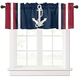 Savannan Nautical Valances, Nautical Anchor Red White Stripes Navy Blue Rod Pocket Cafe Valance Shor