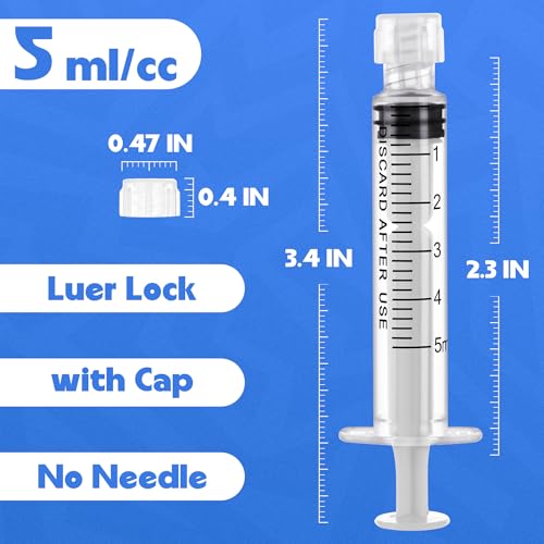 Image of 5mL Luer Lock Syringes without Needle - Syringe with Cap, Sterile Individually Sealed, Professional, Industrial & Personal Home Care, 20 Pack