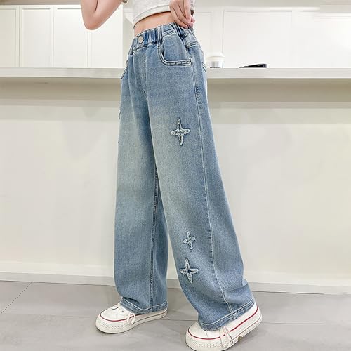 Girls Wide Leg Jeans Star Applique Straight Elastic Waist Baggy Pants 2025 Trendy Y2K Streetwear Teen Clothes2