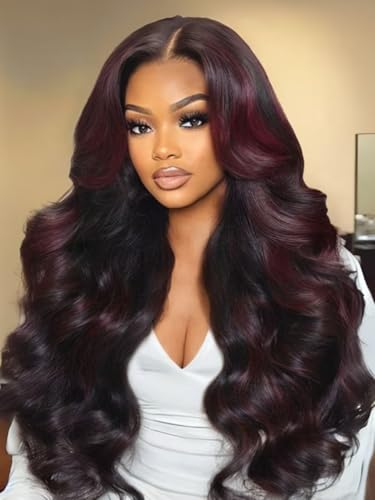 Image of Beauty Forever Pre Everything Glueless Front Black Cherry Highlights Body Wave Face Framing Human Hair Drawstring Wig Pre Plucked Pre Cut 13x4 HD Lace Bye Bye Knots Ready to Wear Frontal Wig 22inch
