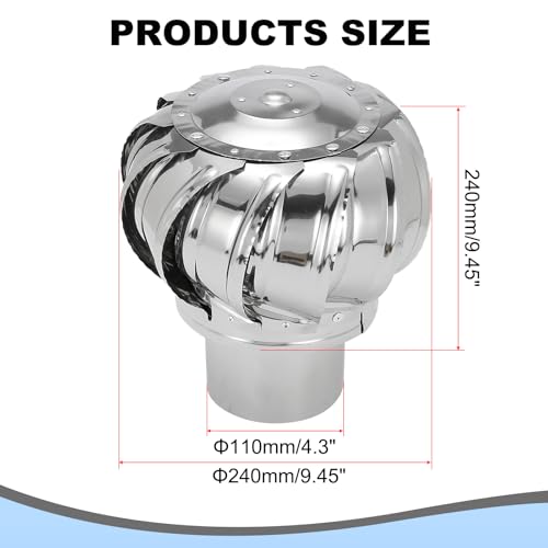 PATIKIL 4.3 Inch Exhaust Cap Roof Flue Vent Stainless Steel Roof Vent Wind Turbine Cap Cover Round Rotation Flue Vent for Outside Chimney Cover Flue Caps by PATIKIL - Image 2