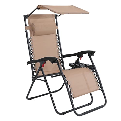 Abccanopy Zero Gravity Chair Adjustable Folding Reclining Patio Chair, Lounge Chair With Canopy, Removable Pillow And Cup Holder, (Beige) #TOP6