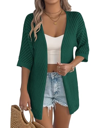Image of Zeagoo Lightweight Summer Cardigan for Women Short Sleeve V Neck Crochet Kimonos Loose Open Front Hollow Out Cover Ups