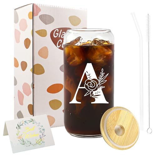 A-Z Initial Personalised Gifts for Women Birthday Coffee Glass Cups Gifts Set 16oz Iced Coffee Glass Cup with Lids and Straws Iced Coffees Cup for Women Mum Teachers Friends Best Friend (A)