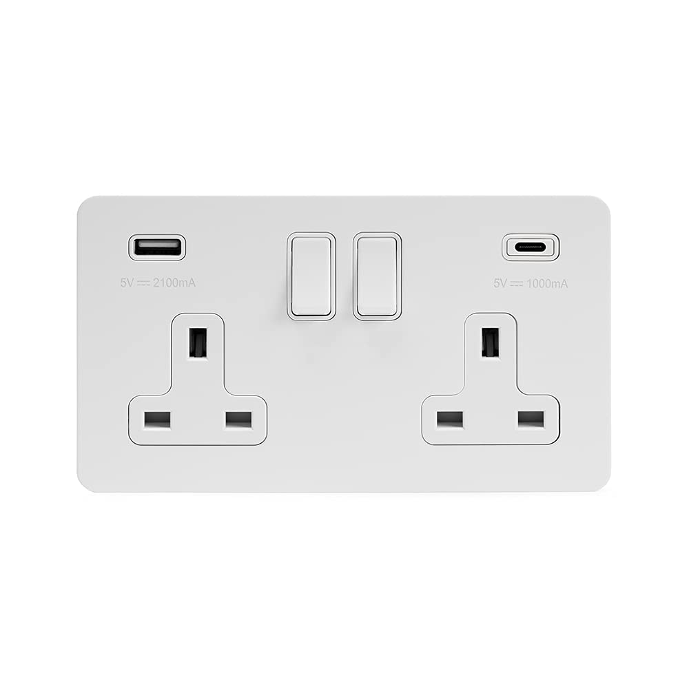 The Soho Lighting Company White Soho Lighting Metal Flat Plate 2 Gang Usb C Plug Socket (13A Socket + 2 Usb Ports A+C 3.1A) Blk Ins Screwless
