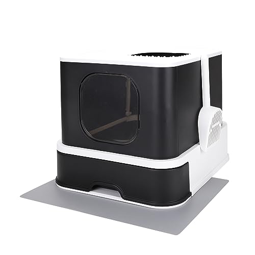 RIZZARI Millions Sold Wordwide Cat Litter Box, Large Top Entry Anti-Splashing Litter Box with Lid, Enclosed Plastic Cat Litter Box with Handy Litter Scoop, Drawer Type Cat Toilet (Dark Black)