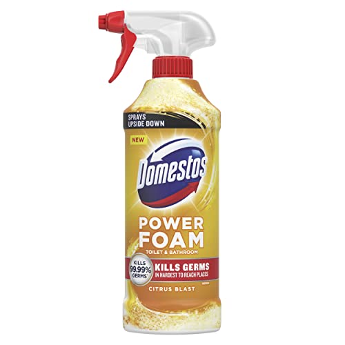 Domestos Power Foam Citrus Blast - Limpiador de inodoro y baño pulveriza boca abajo y mata el 99,99% de los gérmenes para limpiar dentro del inodoro y alrededor del baño, 450 ml