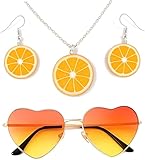 3 Stück Aperol Geschenk, Herzbrille Orange, Halskette, Ohrringen, Aperol Kostüm Damen, 70er 80er Jahre Accessoires, Aperol Geschenk für Aperol Liebhaber Fasching Karneval Cosplay Kostüme Accessoires