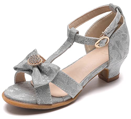 Kkdom Girl's Glitter Leatherette Open Toe Strappy Ankle T-Strap Low Heels Sandals (Toddler/Little Kid/Big Kid) Silver Us Size 10 M Toddler #TOP24