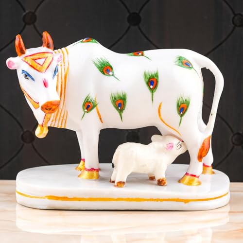 Image of Calf Statue in Marble Dust, 9CM Holy Cow. Idol, Showpiece for Home Decor, Handmade Divine Cow., Mother Cow.with Baby Calf, kamdhenu Gold (mor)