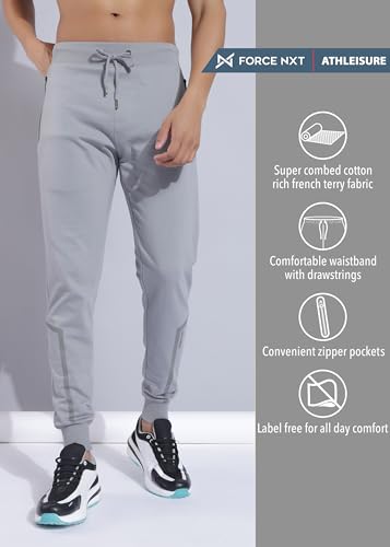 Image of Force NXT Men's Super Combed Cotton Rich French Terry Fabric Solid Joggers | Active Joggers for Men | Comfortable Waistband with Zipper Pocket for Daily Workout