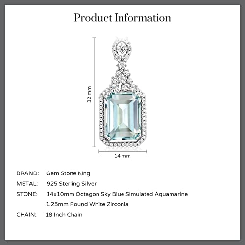 Gem Stone King 925 Sterling Silver Sky Blue Simulated Aquamarine Pendant Necklace For Women (7.24 Cttw, Emerald Cut 14X10Mm, With 18 Inch Silver Chain) #TOP4