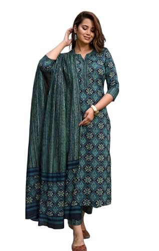 Image of Women Printed Cotton Kurta Pant Set with Dupatta | Straight Kurta Set for Women | Ethnic Wear Suit Set | 3 /4 Sleeve | Teal Green