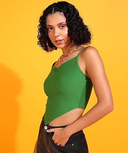 Image of POPWINGS Women Casual Green Rib Hankie Crop Top Tops for Women | Stylish Tops for Women | Trendy Tops Women