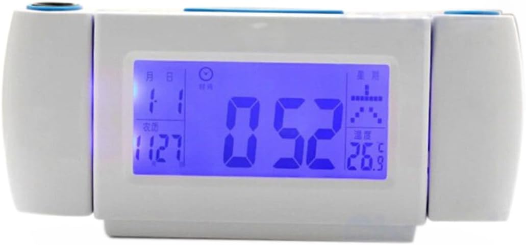VOSAREA Projection Alarm Clock Dual Rotating Lens Led Backlight Date and Temperature Display Battery Powered White for Bedroom Use