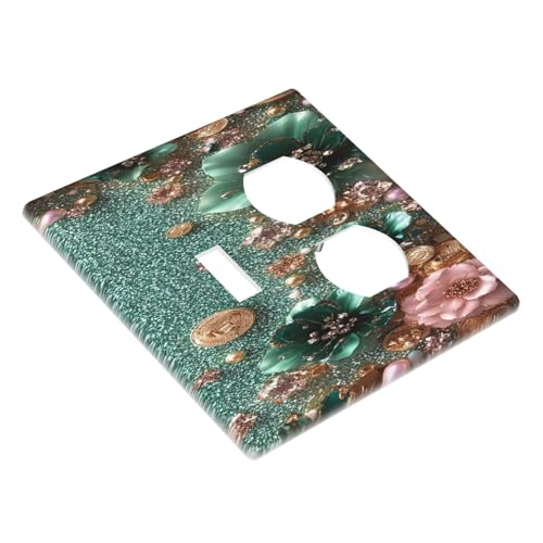 Decorative Outlet Covers Bling Green Rose Flowers Crystal Rhinestone Glitter 2 Gang Wall Plate Cover Single Toggle Duplex Combo Two Switch Light Switch Cover Plate Jumbo GFCI Faceplate