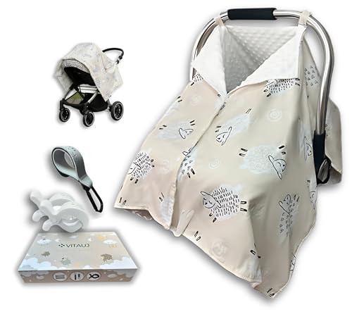 VITAUJ Parasol Carrito Bebé 4 en 1 – Manta Reversible Algodón y Minky – Protección Solar, Viento, Lluvia y Mosquitos – Pañuelo de Lactancia, Cochecito – Incluye Clips y Gancho