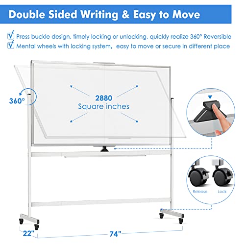 Double Sided Rolling Whiteboard, 72 x 40 Large White Board with Stands, 360° Reversible Magnetic Dry Erase Board on Wheels for School, Classroom, Office