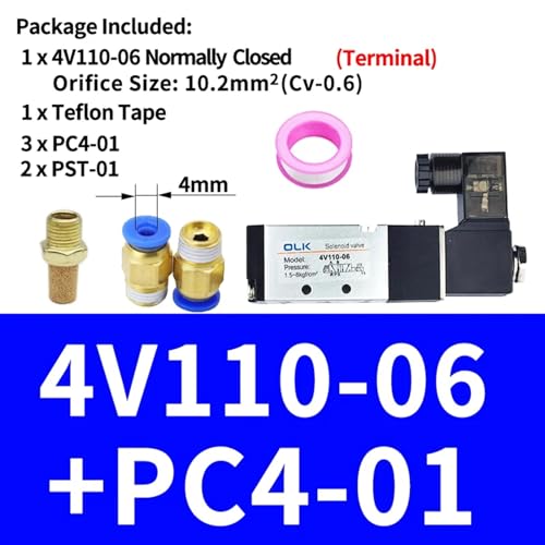 Válvula solenoide 4V110-06 neumática de 2 posiciones y 5 puertos con conector PC4-01 CA 220V 3