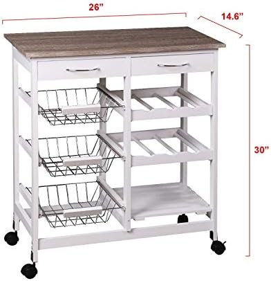 HYGRAD Kitchen Trolley MDF Top White Island Dining Cart Worktop Basket Storage Lockable Wheels Rolling Kitchen Portable Island Kitchen Trolley with Drawers and Open Shelf, White (White)