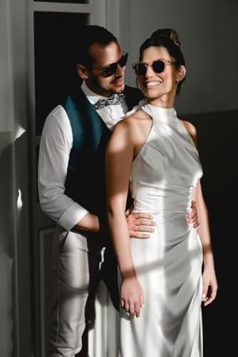 Image of Halter Bridesmaid Dresses Long with Slit Satin Prom Dress Pleated Mermaid Formal Gown Evening Dress