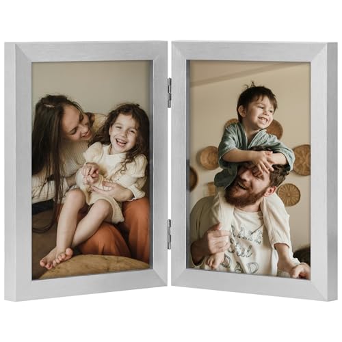 decorUhome Double 5x7 Picture Frame Vertical, Engineered Wood Bifold Photo Frame with Plexiglass for Tabletop Display, 5x7, Silver