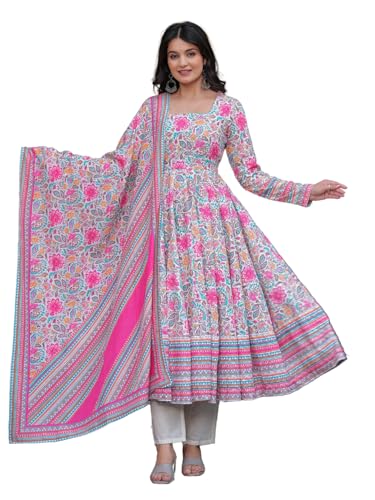 Image of Cotton Anarkali Shiffly Work with Floral Printed Anarkali Kurta Pant with Dupatta