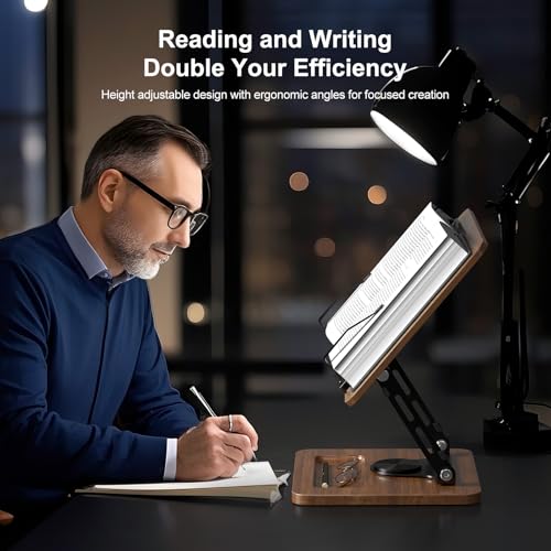 Image of OPTIXCELL Book Stand for Reading, 360 Rotating Hands Free Book Holder, Adjustable Height and Angle, Page Clip for Cookbook, Recipe, Magazine, Laptop,Tablet, Foldable for Kitchen, Office, School