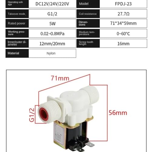 Électrovanne d'entrée d'eau G1/2 4 Points DC12V normalement fermée 12V