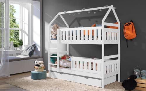 KEF Noah Etagenbett Kinder 180x80 cm - Hausbett - Holz Kinderbett - für Zwei Kinder - Holzbett mit Schubladen - Massivholz Kinder Bett mit Lattenrost - ohne Matratze - Weiß - Leiter Rechts