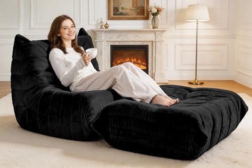 Image of Bean Bag Pouf Ottoman, Foot Stool, Foot Rest with Memory Foam Filled, Rectangle Ottoman for Living Room, Bedroom, Office (Black Plush)