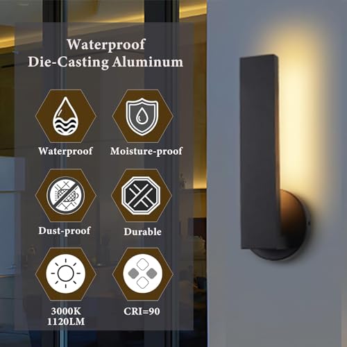 Image of Aluminum LED 18W Modern Wall Sconces Set of 2 Matte Black Waterproof Sconce Wall Lighting Indoor Outdoor Hardwired Wall Lights for Office,Porch, Bedroom, Bathroom, Living Room,Stairway