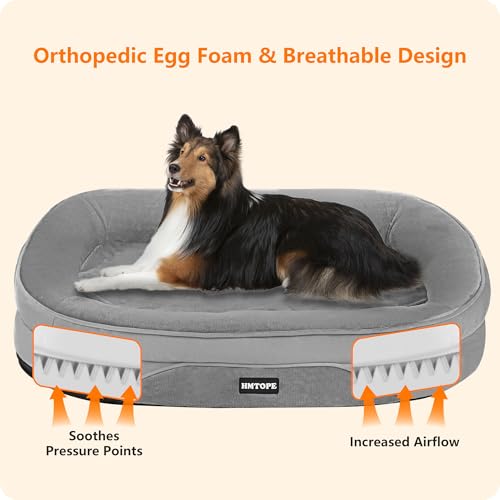 HMTOPE Orthopädisches Hundebett, Hundesofa, Vierseitiges Nackenrolle Kissen, rutschfeste Unterseite Hundekorb, Abnehmbar und Waschbar, Kleine Hunde, Mittelgroße Hunde, 90 x 71 x 15 cm, Mittelgrau