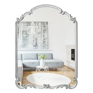 English Estate Carved Arch Wood Wall Mirror, Mirror for Entryway, Living Room, Bathroom, Antique Silver, 20.9×28.9