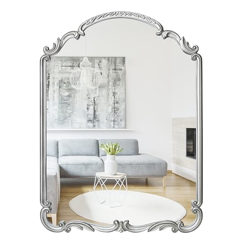 English Estate Carved Arch Wood Wall Mirror, Mirror for Entryway, Living Room, Bathroom, Antique Silver, 20.9×28.9