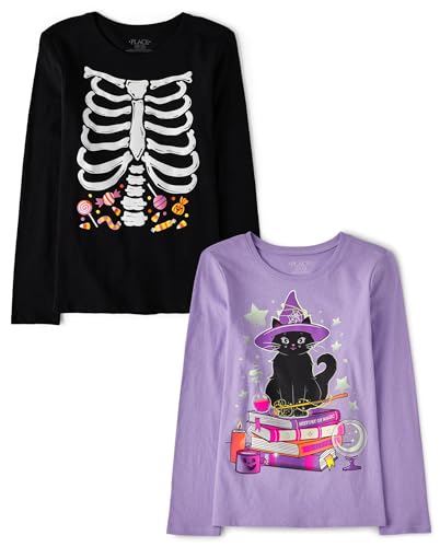 The Childrens Place Girls All Holidays Long Sleeve Graphic T-Shirts Multipacks Skeleton Ribcage/Cat Books 2-Pack Medium