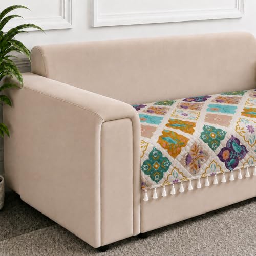 Image of STITCHNEST 'Frostvine Collection' 2 Seater Sofa Cover| Cotton Quilted Fabric, Decorative Tassels, Washable & Durable for Modern Living
