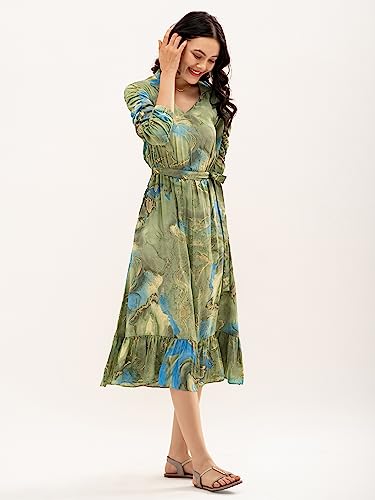 Image of AASK Abstract Printed Puff Sleeve Gathered Detailed Fit Flare Dress