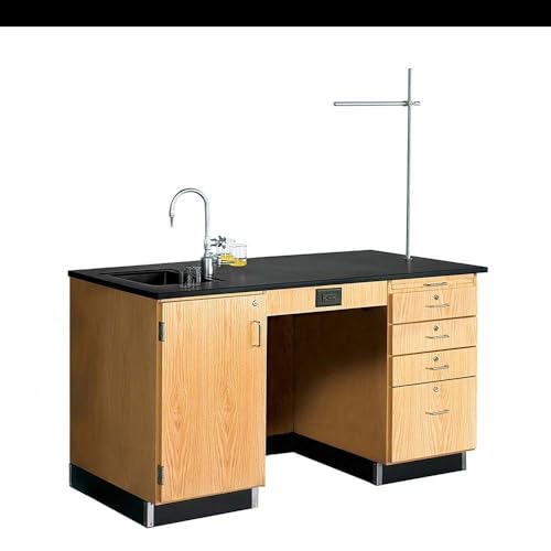 Diversified Spaces Kinetic Classroom Locking Instructor Desk, 60"W x 30"D x 36"H, Phenolic Resin Top, Left Door, Solid Oak, Outlet, Greenlaw Arm, Sink, Gas Fixture, Writing Board, Made in The U.S.A
