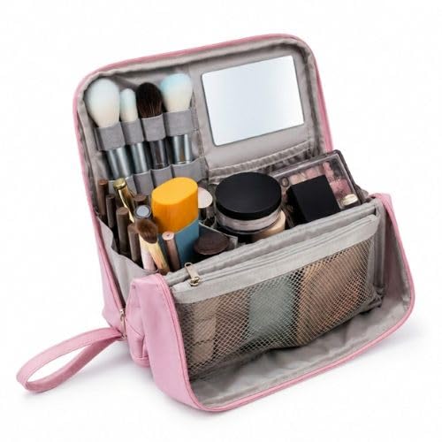 Fold-Down Design PU Leather Zipper Cosmetic Makeup Bag Travel for Organizer with Soft Handle and Small Capacity (Pink)-image-35